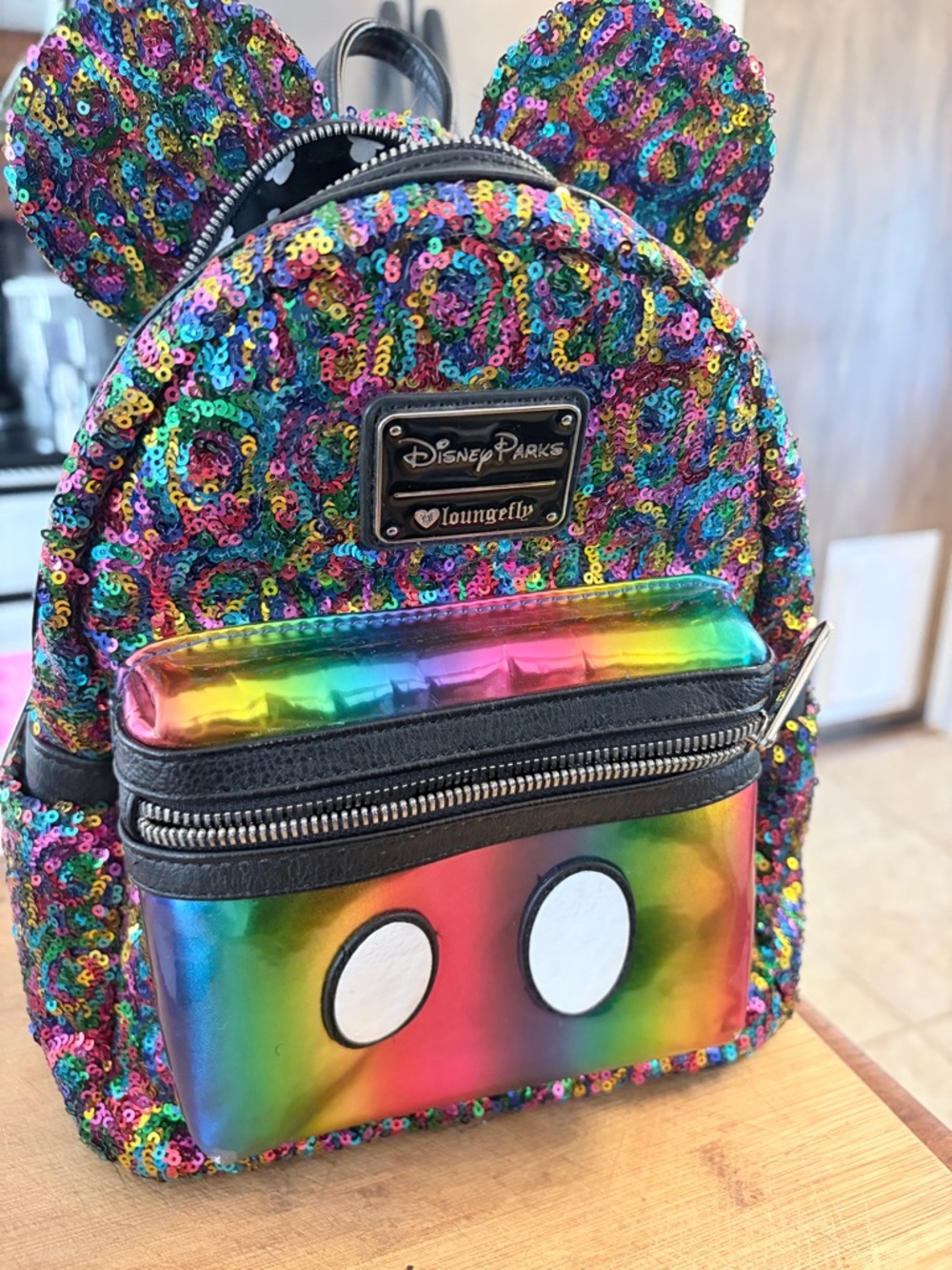 Disney Multicolor Sequin Mickey Ear Mini Backpack with Rainbow Pocket